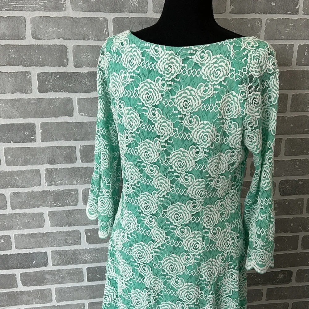 Green Lace Mini Dress‎ Bell Sleeve Floral Cottagecore Easter Spring Size 14